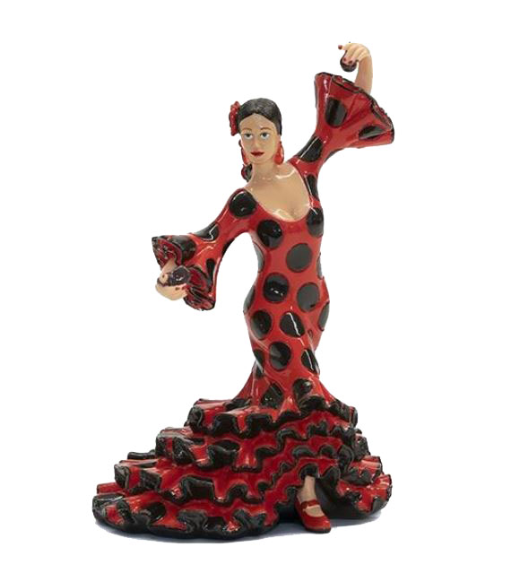 Bailaora Playing the Castanets with a Red Flamenco Outfit and Polka Dots in Black. 20cm