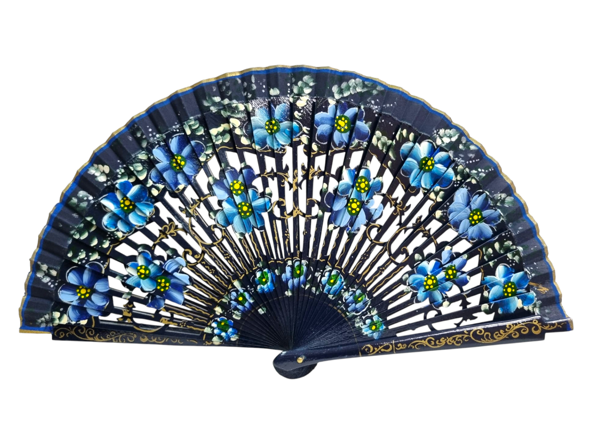 Sycamore Wood Fan 23 cm – Hand Carved and Painted with Blue Flowers