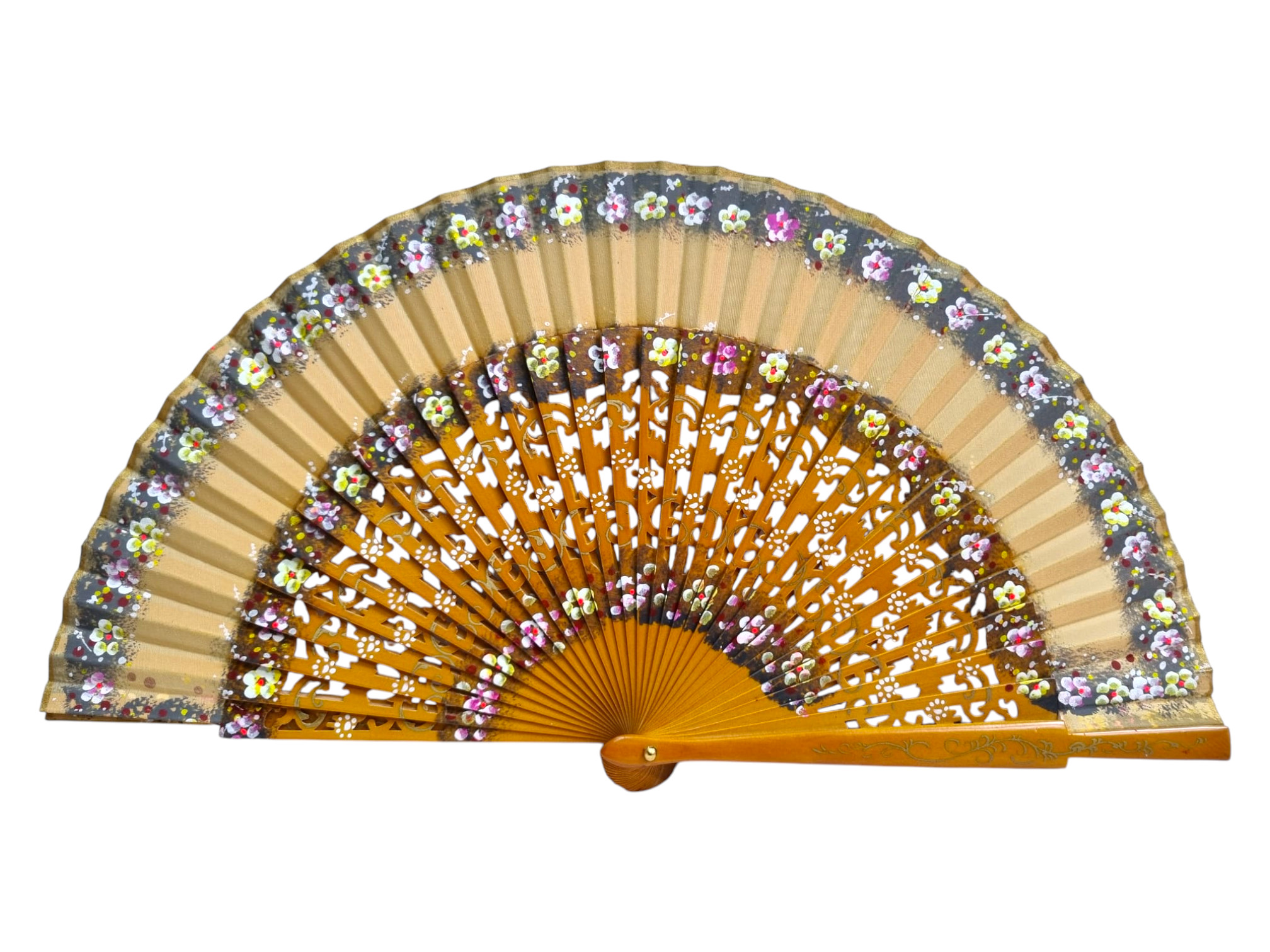 Maple Wood Fan 23 cm – Hand Cut and Painted in Honey Tone with Flowers