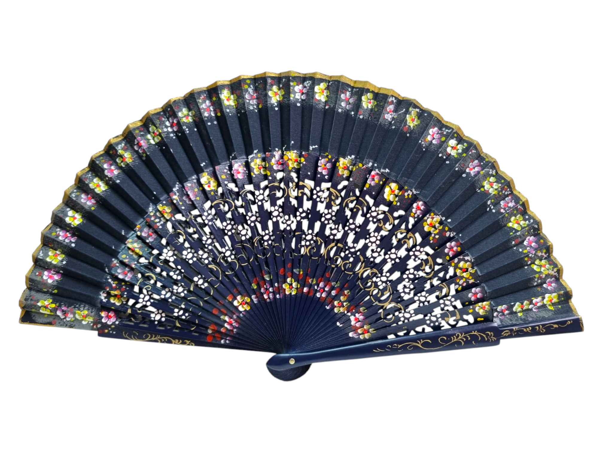 Sycamore Wood Fan 23 cm – Hand Cut and Painted in Navy Blue with Flowers