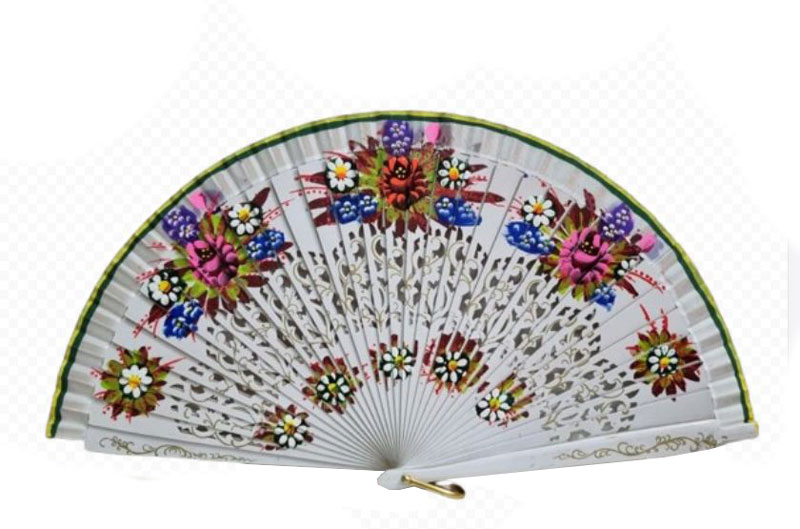 Hand-Painted Fan with White and Floral Motifs on Both Sides. Ref. 177BCO