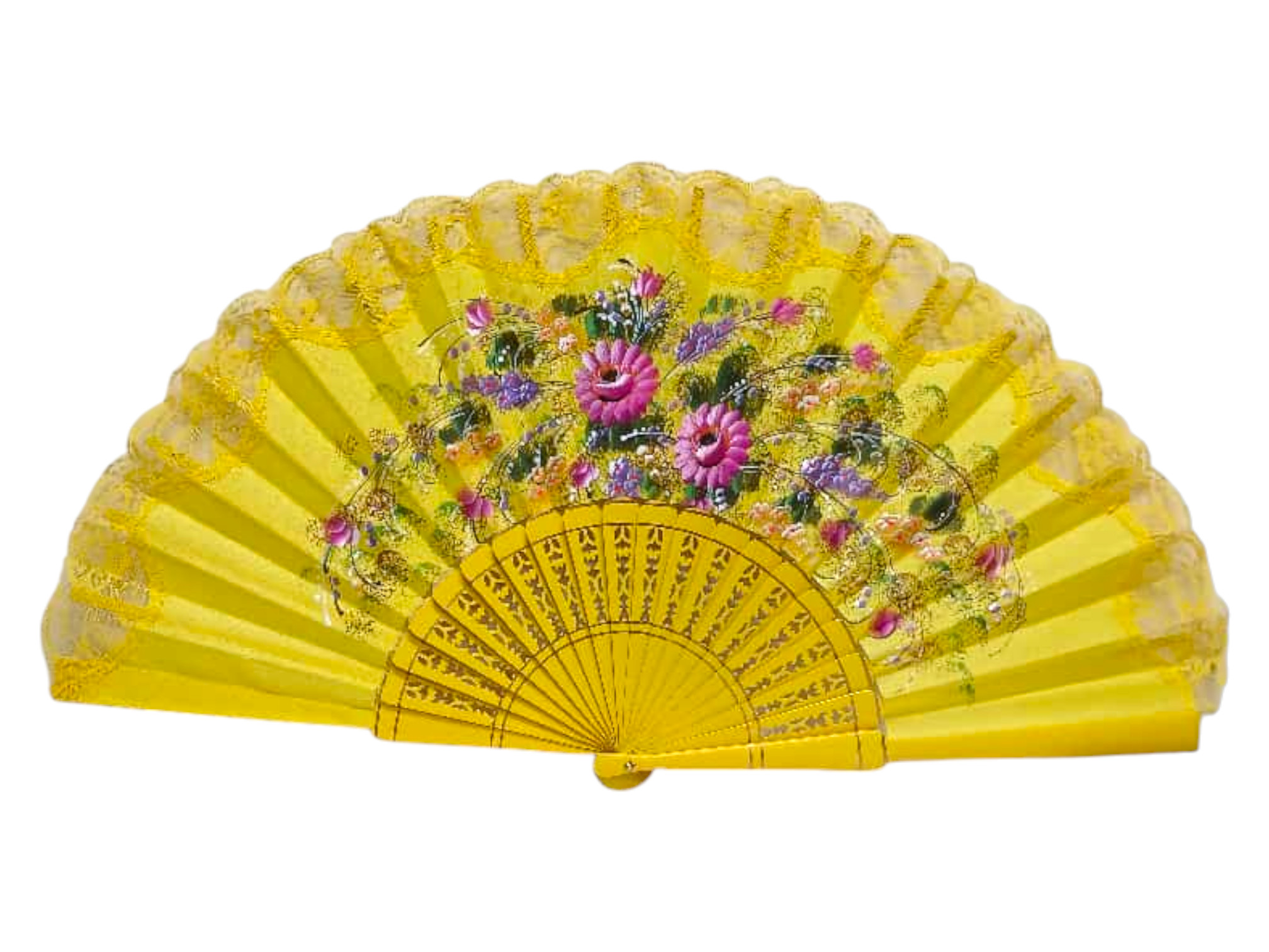 Hand painted fan with yellow lace. ref. 150ENCJ