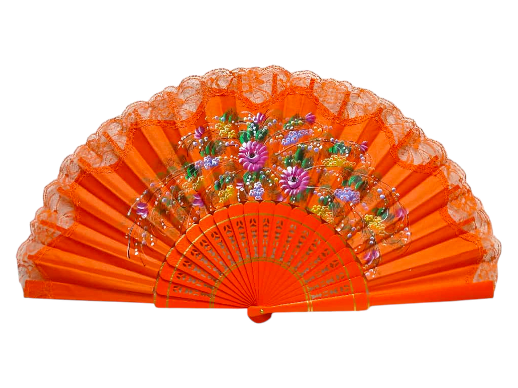手描き扇子 オレンジのレース付き。品番 150ENCJ