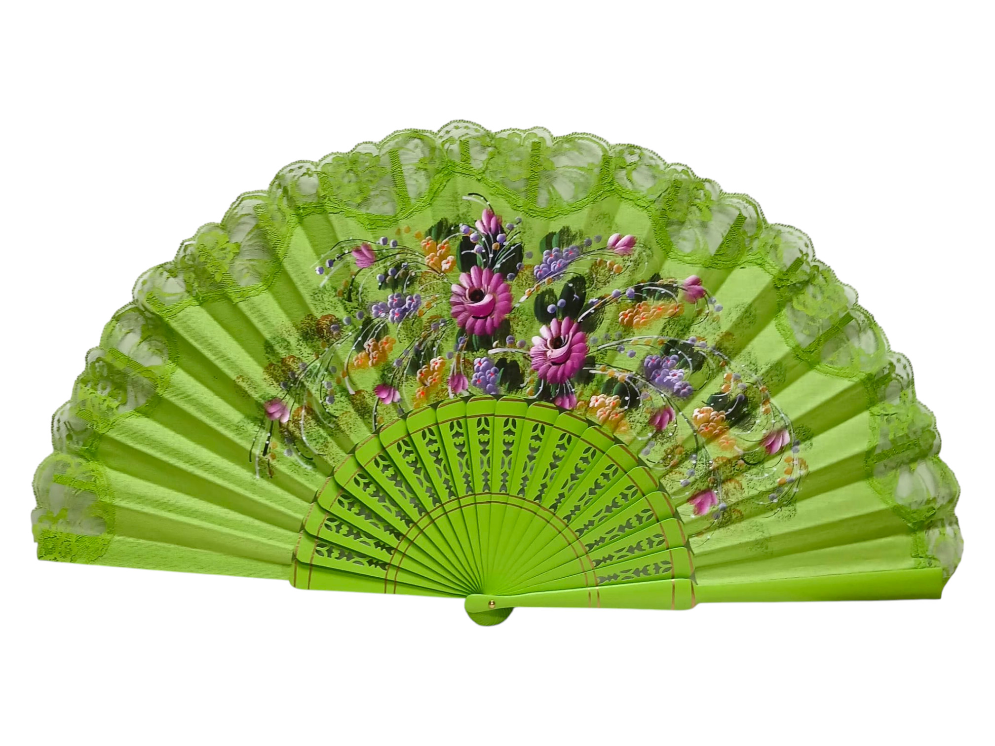 Éventail peint à la main avec dentelle couleur vert pistache. ref. 150ENCJ