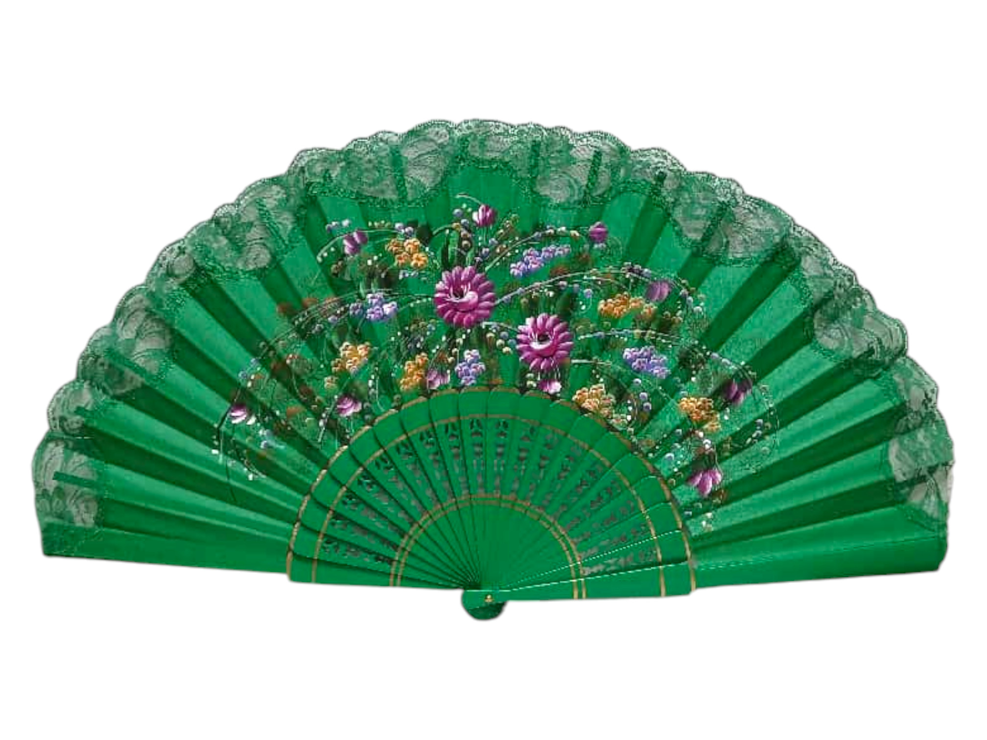 Éventail peint à la main avec dentelle vert. ref. 150ENCJ