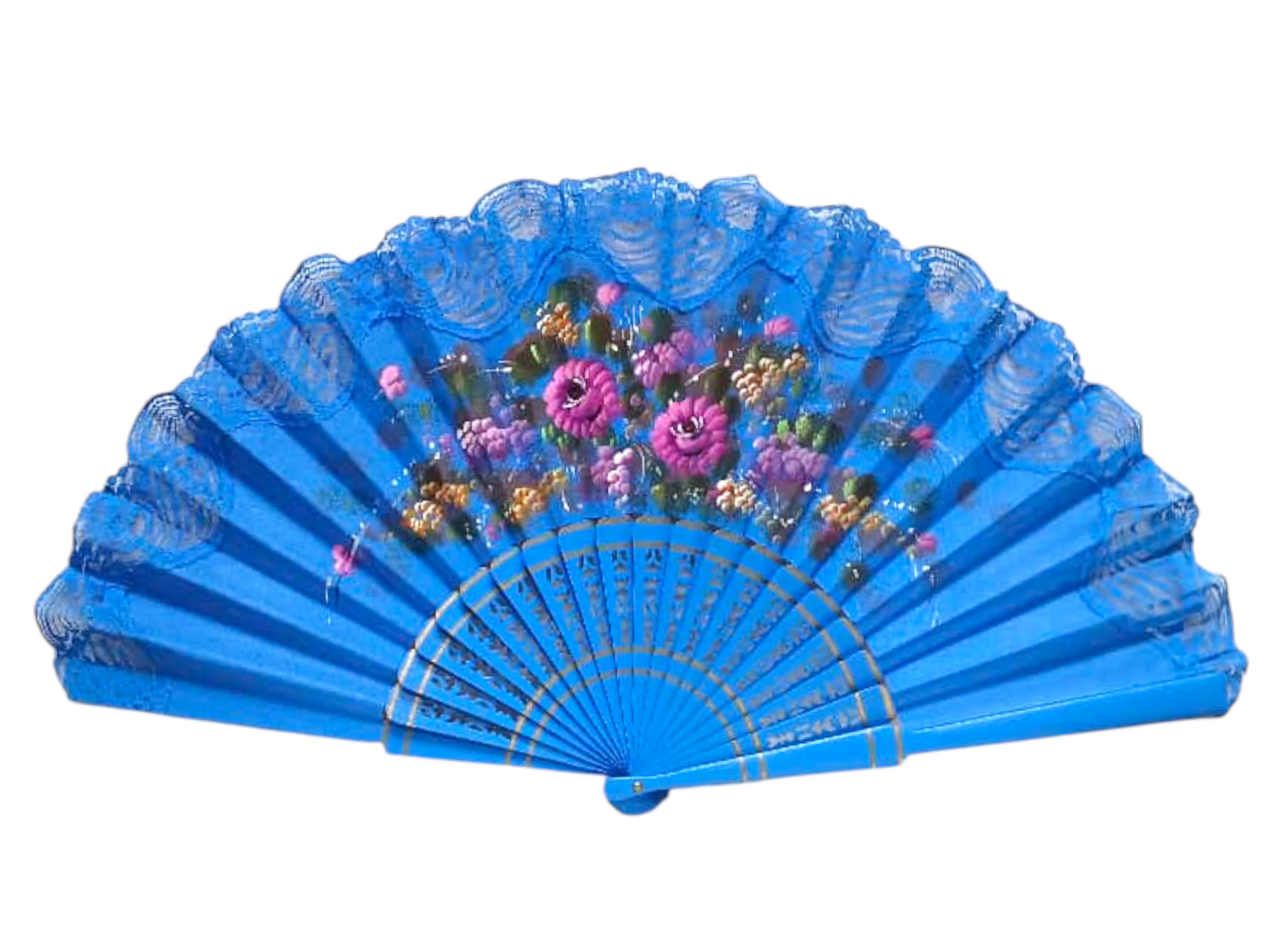 手描きで装飾されたブルーのレース模様の扇子。品番150