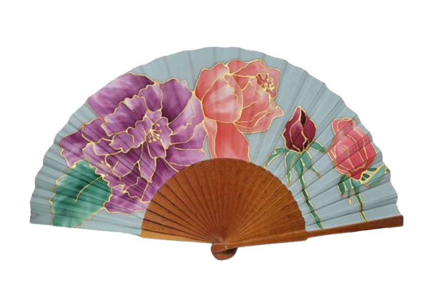 Hand Painted Silk Fan with Polished Pear Wood Stick