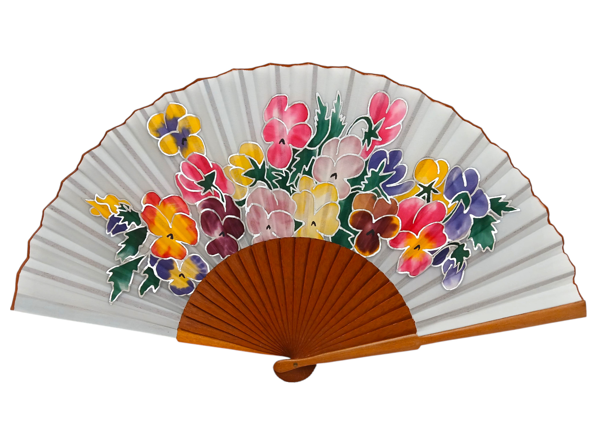 Polished Pear Wood Fan with Hand Painted Silk. MA40