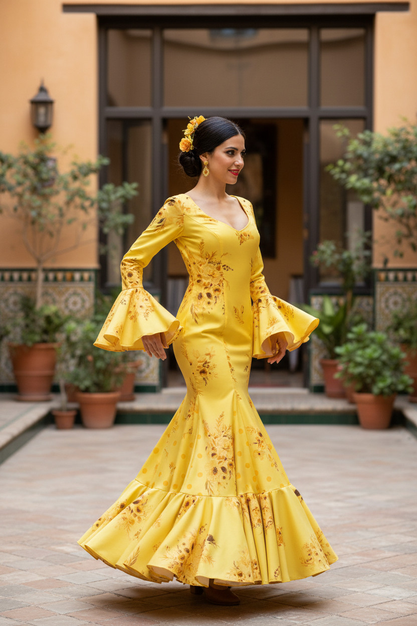 Talla 38. Traje de flamenca Esencia amarillo con flores y lunares
