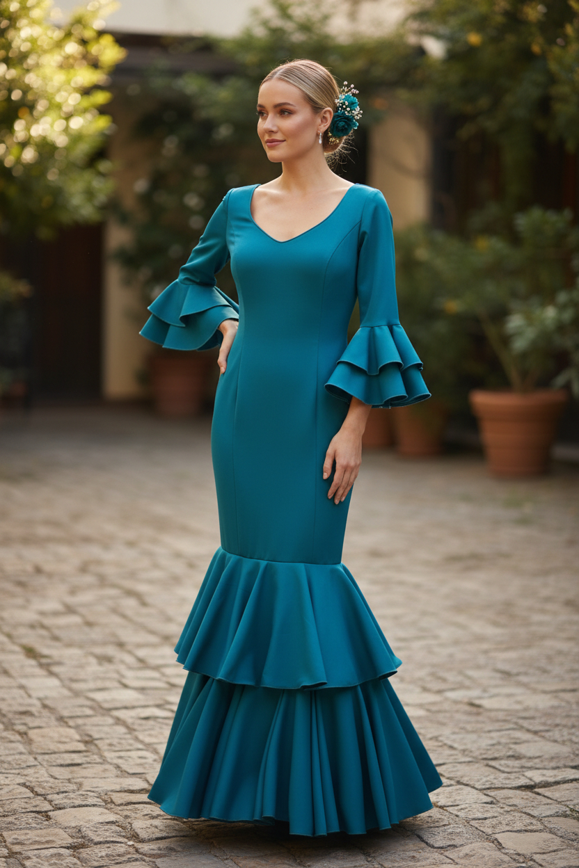 Talla 44. Vestido Flamenco para Feria. Lola Verde Petróleo liso