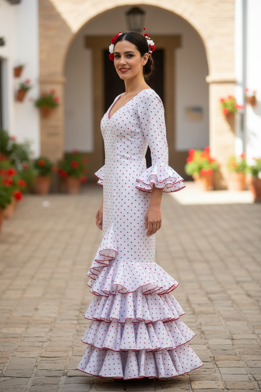 Taille 42. Robe de Flamenca Modèle Lolita. Petit pois rouges sur fond blanc.