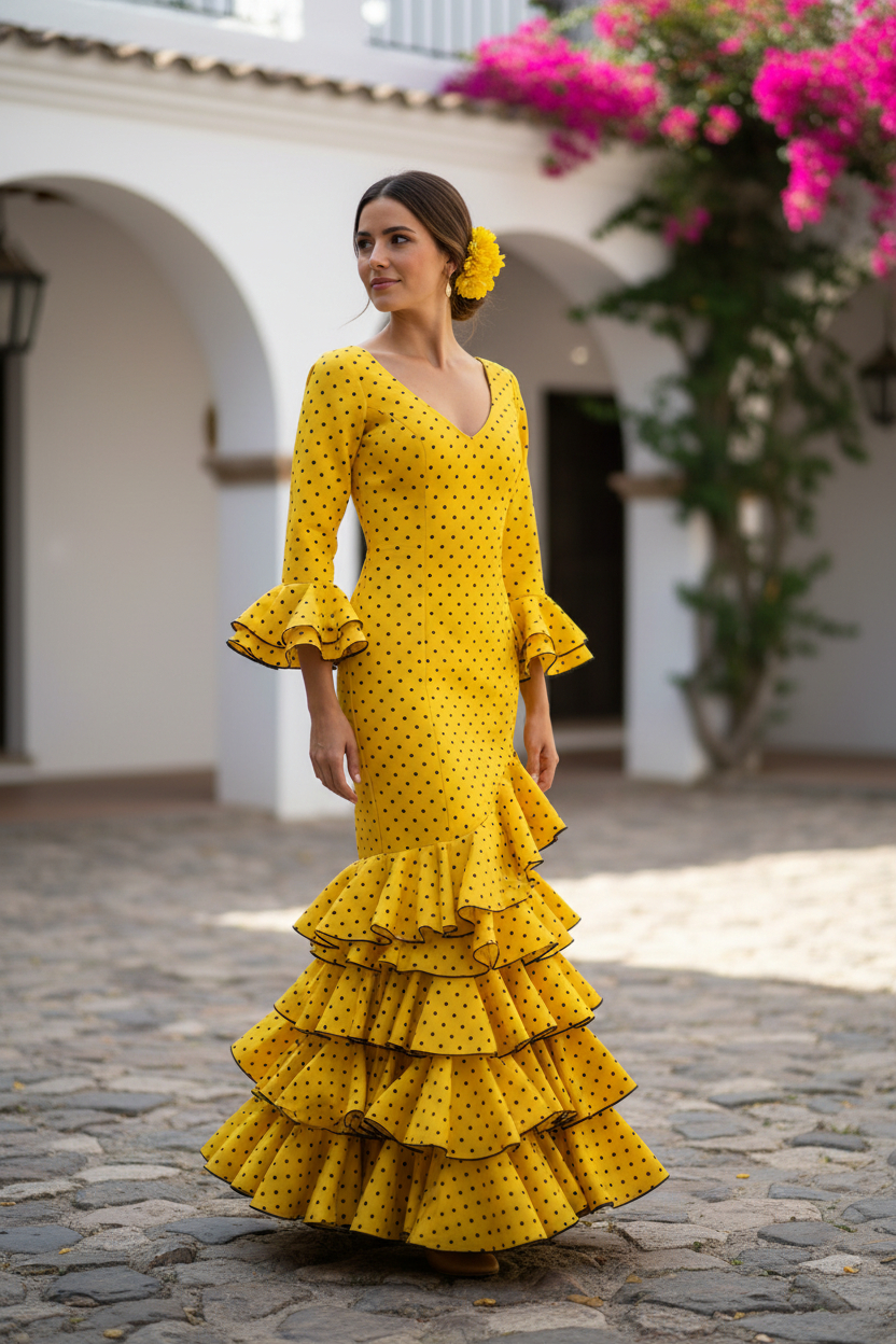 Talla 42. Vestido de Flamenca Modelo Lolita. Amarillo Lunar Negro