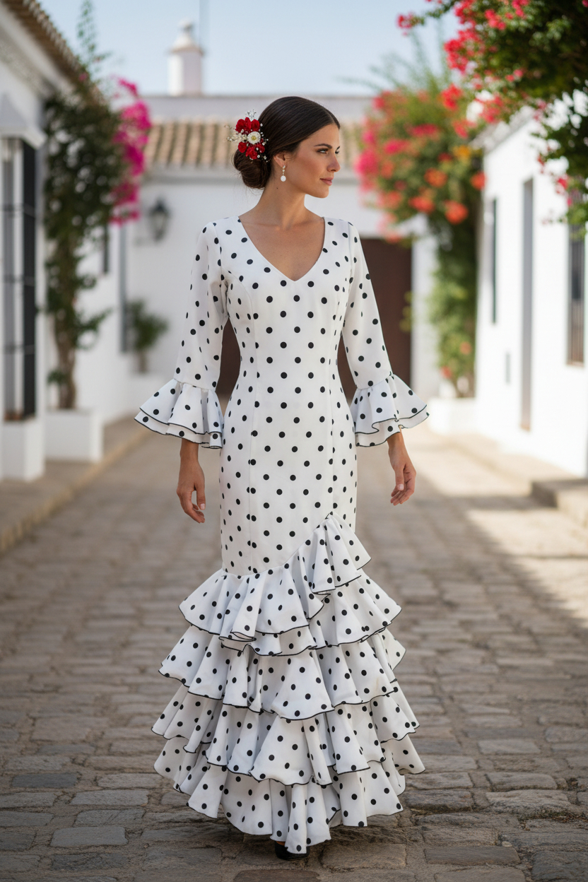 Taille 48. Robe de Flamenca Modèle Lolita. Blanche à pois noirs moyens.