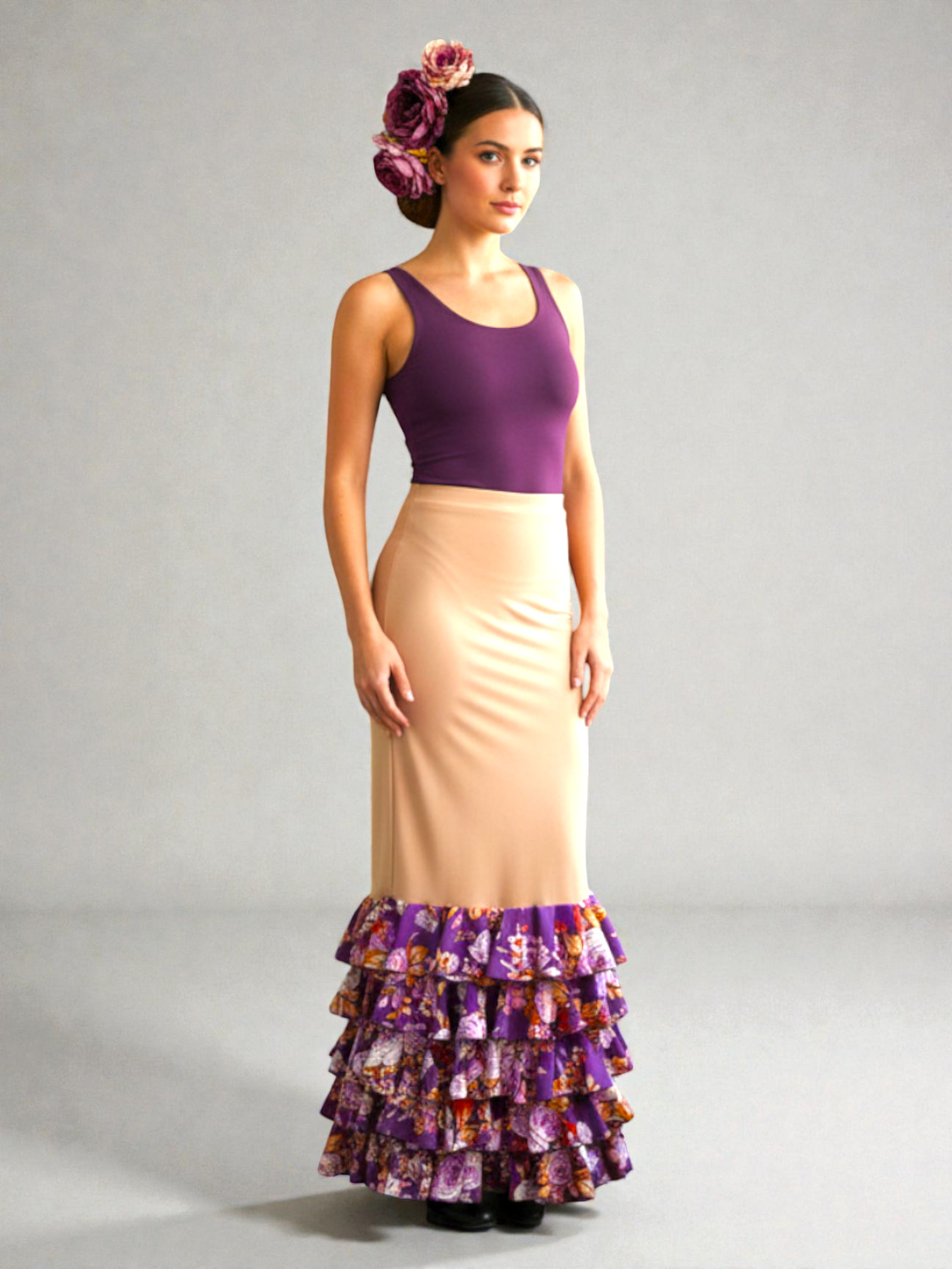 Falda de Flamenco Zagra. Beige Estampado Morado