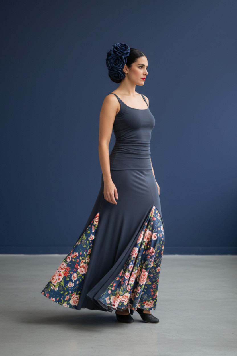 Falda Flamenca Mirabel. Azul con Fajín y Godets Estampados