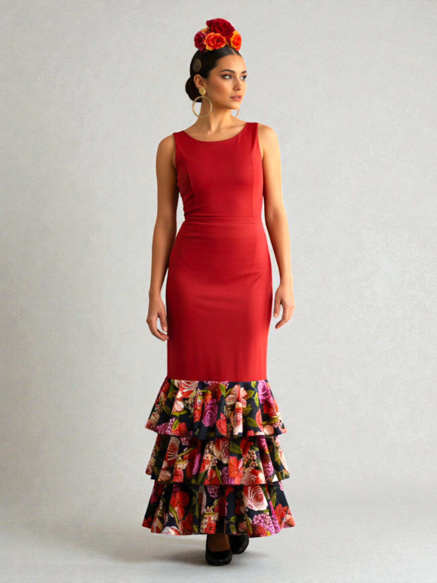 Falda Flamenca Modelo Aureola. Punto Elástico Rojo y Volantes de Flores Multicolor