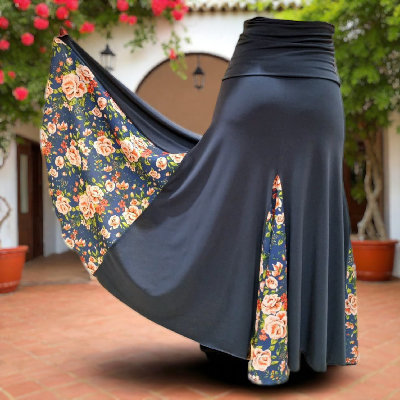 Falda Flamenca Mirabel. Azul con Fajín y Godets Estampados