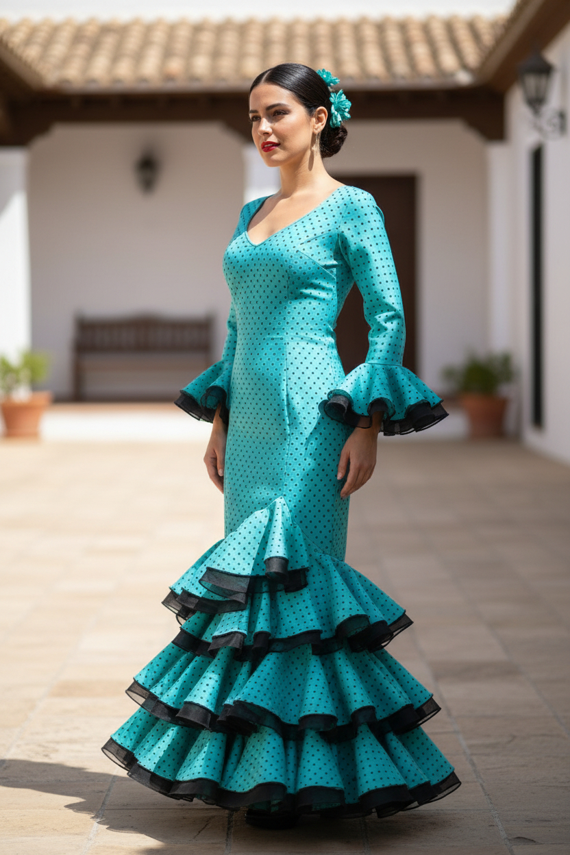 Talla 44. Traje de flamenca Sarita color aguamarina lunares negros