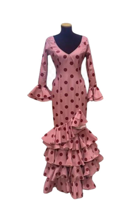 Talla 36. Vestido de Flamenca Modelo Lolita. Rosa Palo con Lunares Granates
