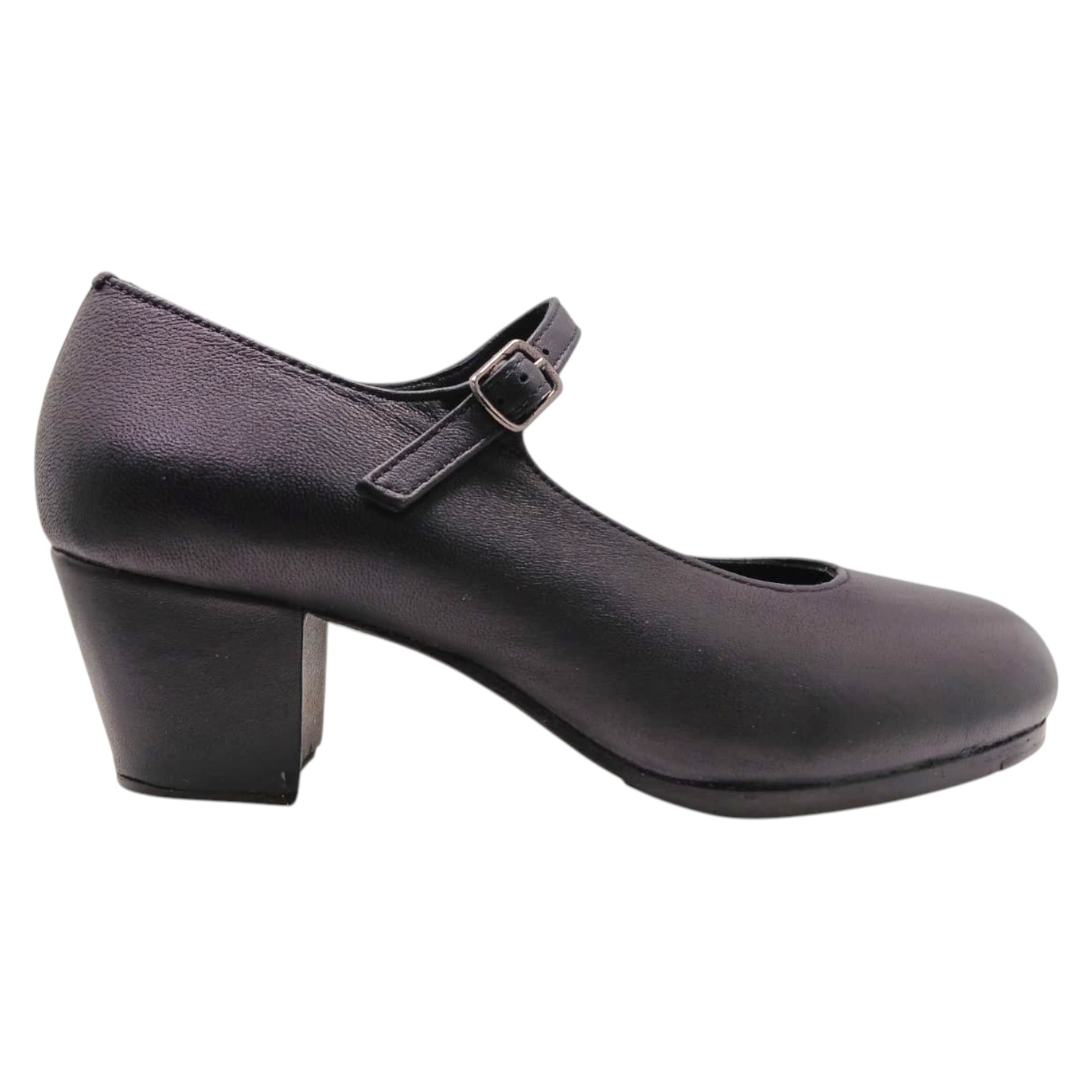 Flamenco Dance Shoes in Black Leather with Strap and Cuban Heel
