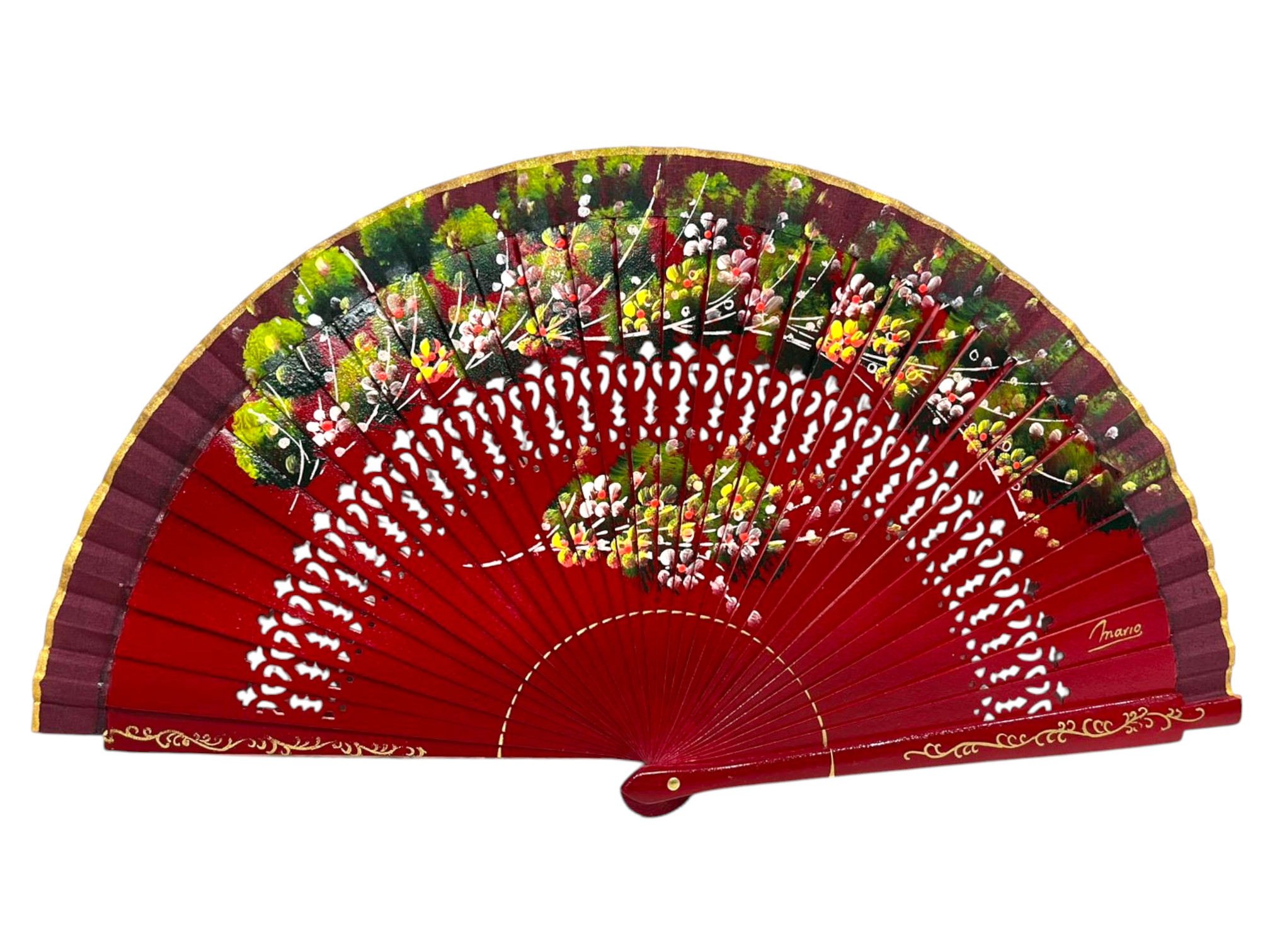 Abanico español de madera calada con flores pintadas por ambas caras a mano floral elegante de madera y tela. Ref.1127