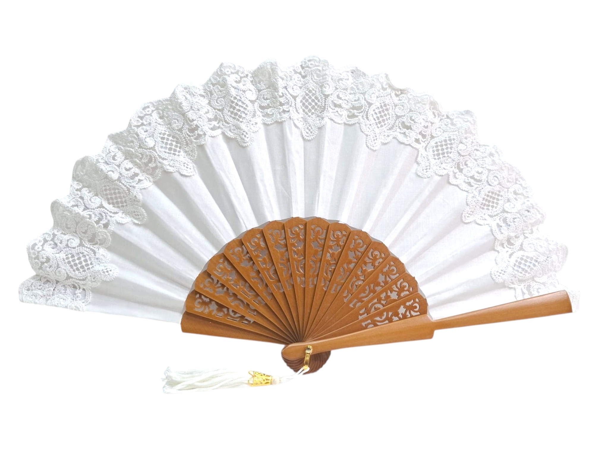 Ceremony fan for an elegant bride in off-white lace and hazel-colored openwork wood
