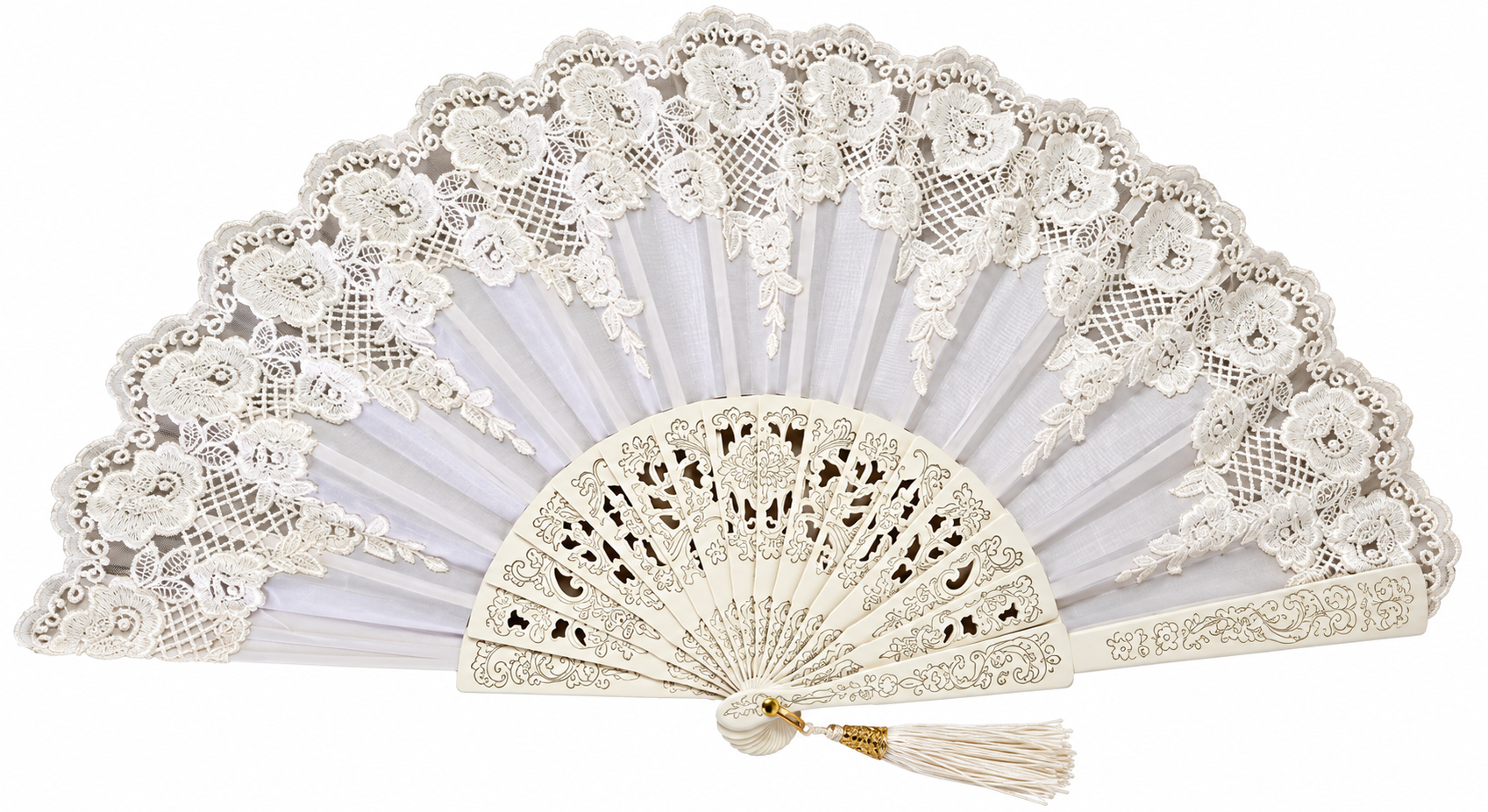 Abanicos de Blonda con Varilla Calada en Blanco. Ref. 1539