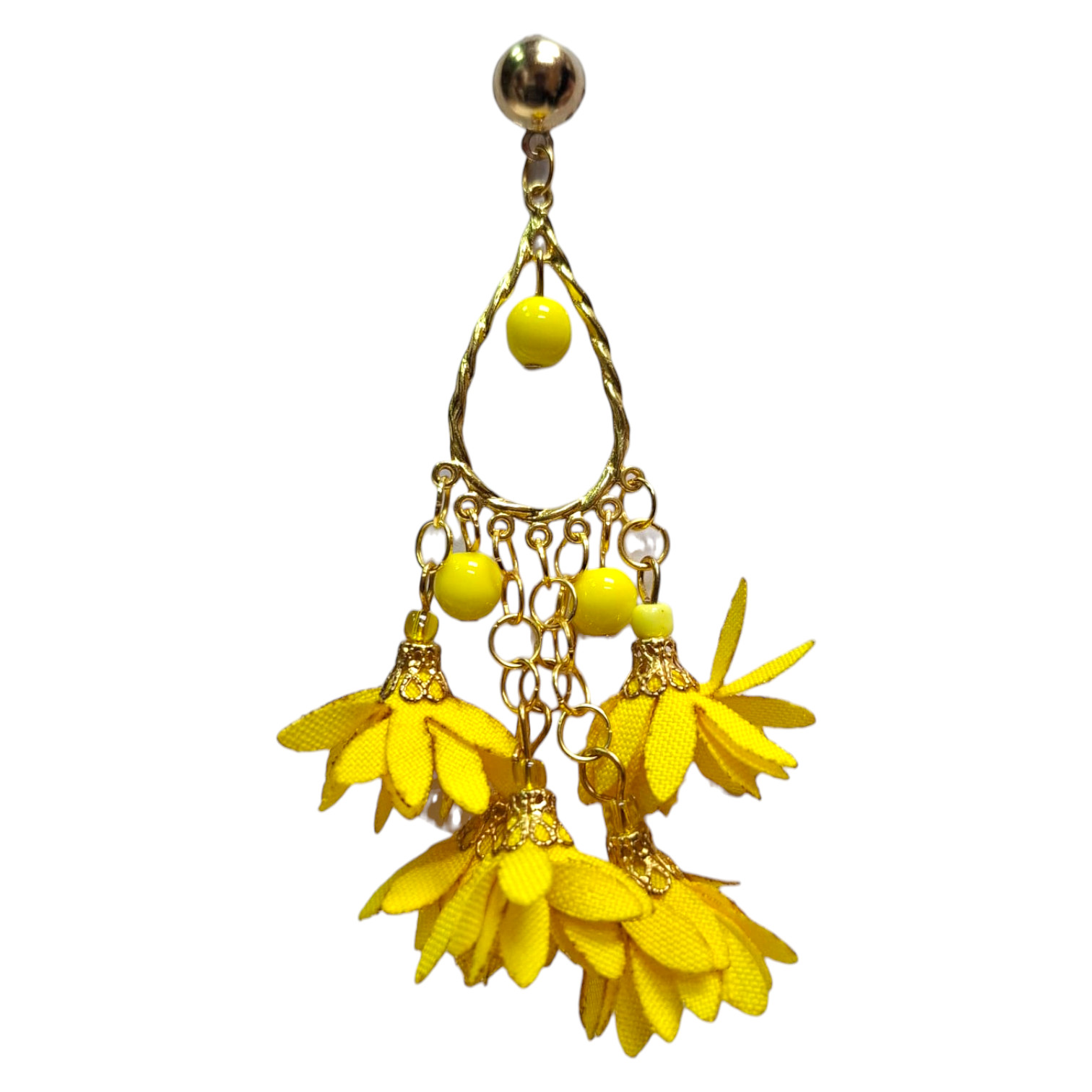 Pendientes largos con flores como complemento de trajes de flamenca. Amarillo