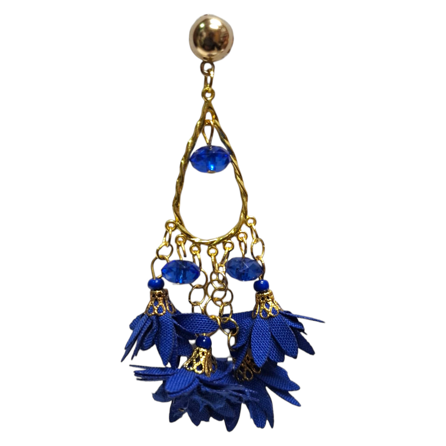 Pendientes de flamenca largos con flores artesanales. Azulón