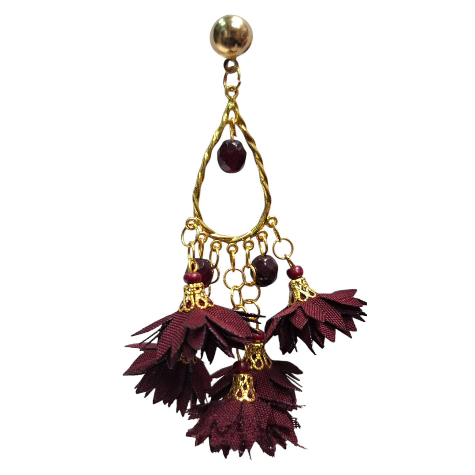 Pendientes de flamenca con flores largos para feria. Granate