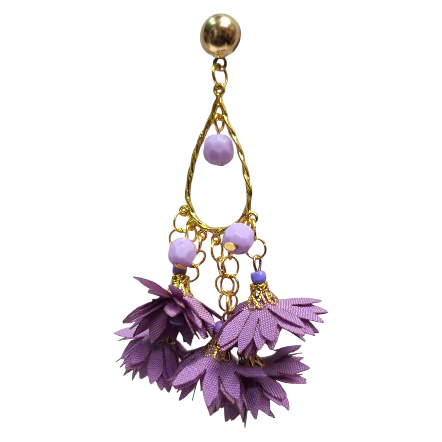 Pendientes de flamenca largos estilo andaluz con flores. Malva