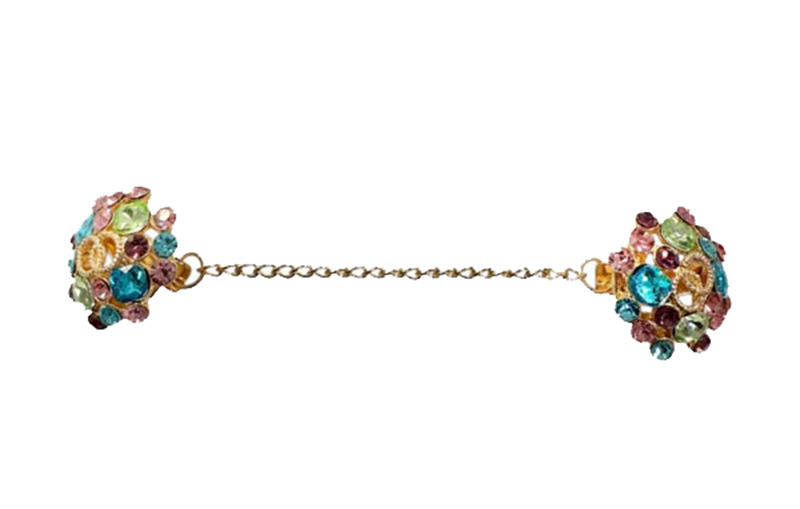 Broche dorado de manitas con pinza de piedras multicolor para mantoncillo de flamenca