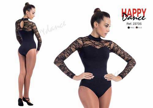 Classical leotard with long sleeves with keyhole form on the back. High collar and heart-shaped yoke made in lace with bra Happy Dance. Ref. 2373PM13BLB13