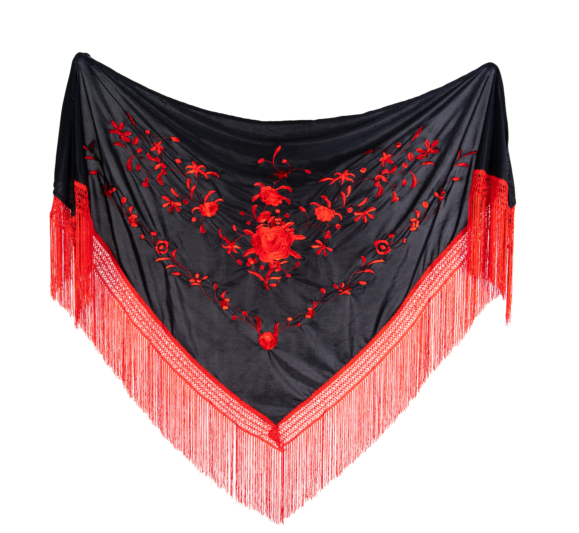 Mantoncillo Triangular Negro Bordado en Rojo. 160cm X 70cm