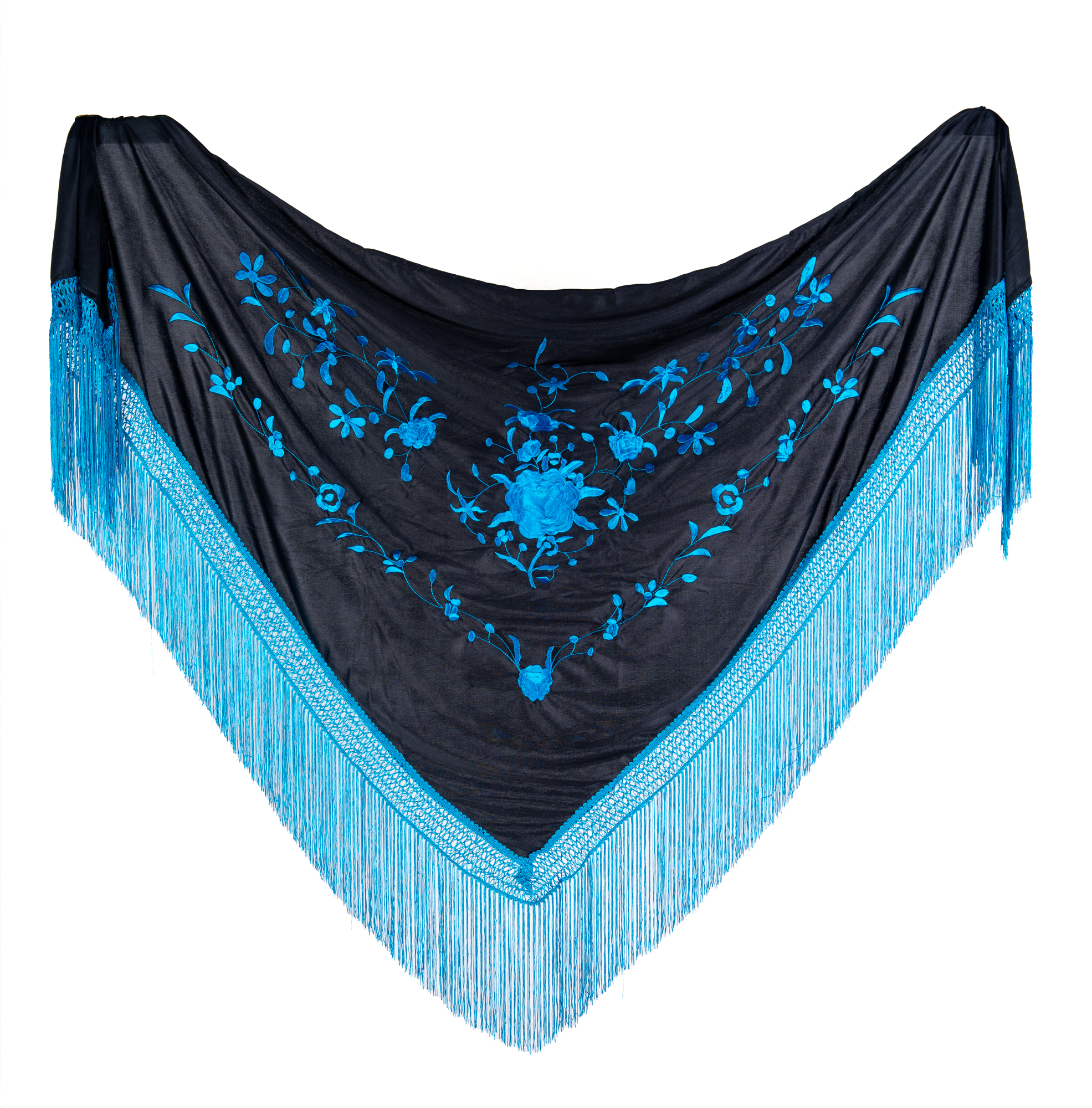 Mantoncillo Triangular Negro Bordado en Azul. 160cm X 70cm