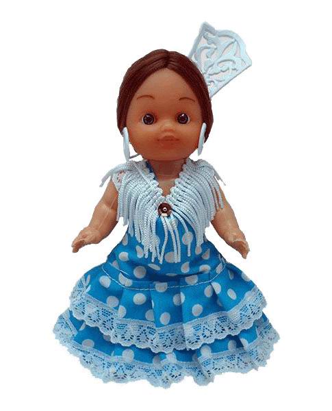 Muñeca Flamenca con Peineta y Traje de Flamenca Azul Lunar Blanco. 15cm